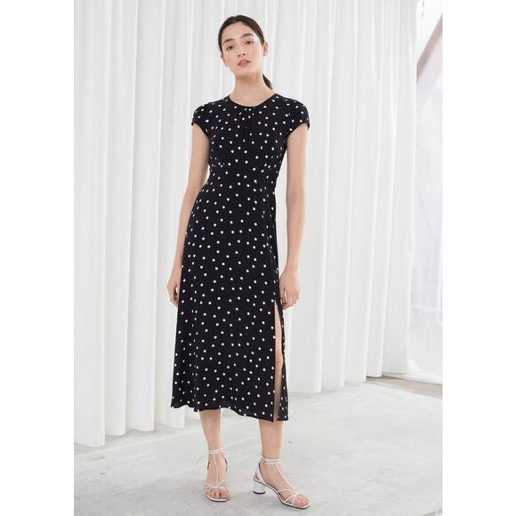 & Other Stories Dress Womens 4 Small Black White Polka Dot Midi Angeles Slit - Picture 1 of 12